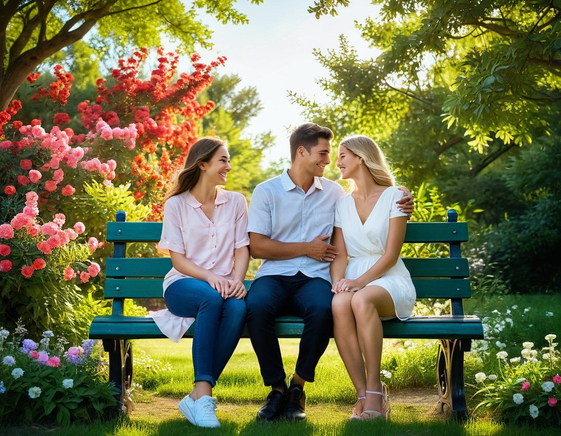 A serene couple sitting on a park bench, holding hands and sharing laughter, surrounded by blooming flowers symbolizing growth and love. Soft sunlight filters through the leaves, creating a warm and inviting atmosphere. Include a gentle breeze which rustles the leaves and adds motion to the scene. Add a subtle heart shape formed by clouds in the sky. super-realistic. vibrant colors. peaceful background.