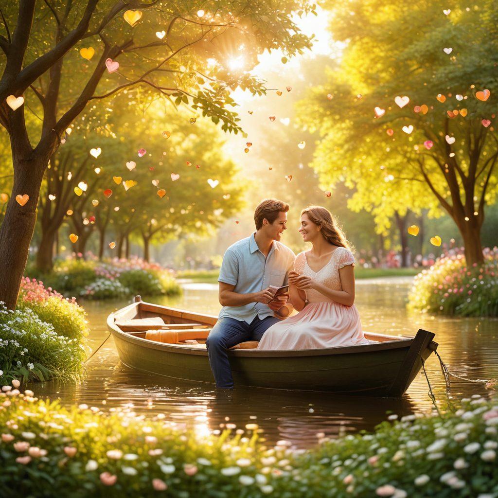 A warm and inviting scene featuring a couple sharing a tender moment in a sunlit park, surrounded by blooming flowers and soft pastel colors. The scene captures the essence of love with heart-shaped decorations and whimsical elements like floating hearts and gentle sunlight filtering through the trees. Include a subtle background of people enjoying happy moments, conveying a sense of community and connection. super-realistic. vibrant colors. soft focus.