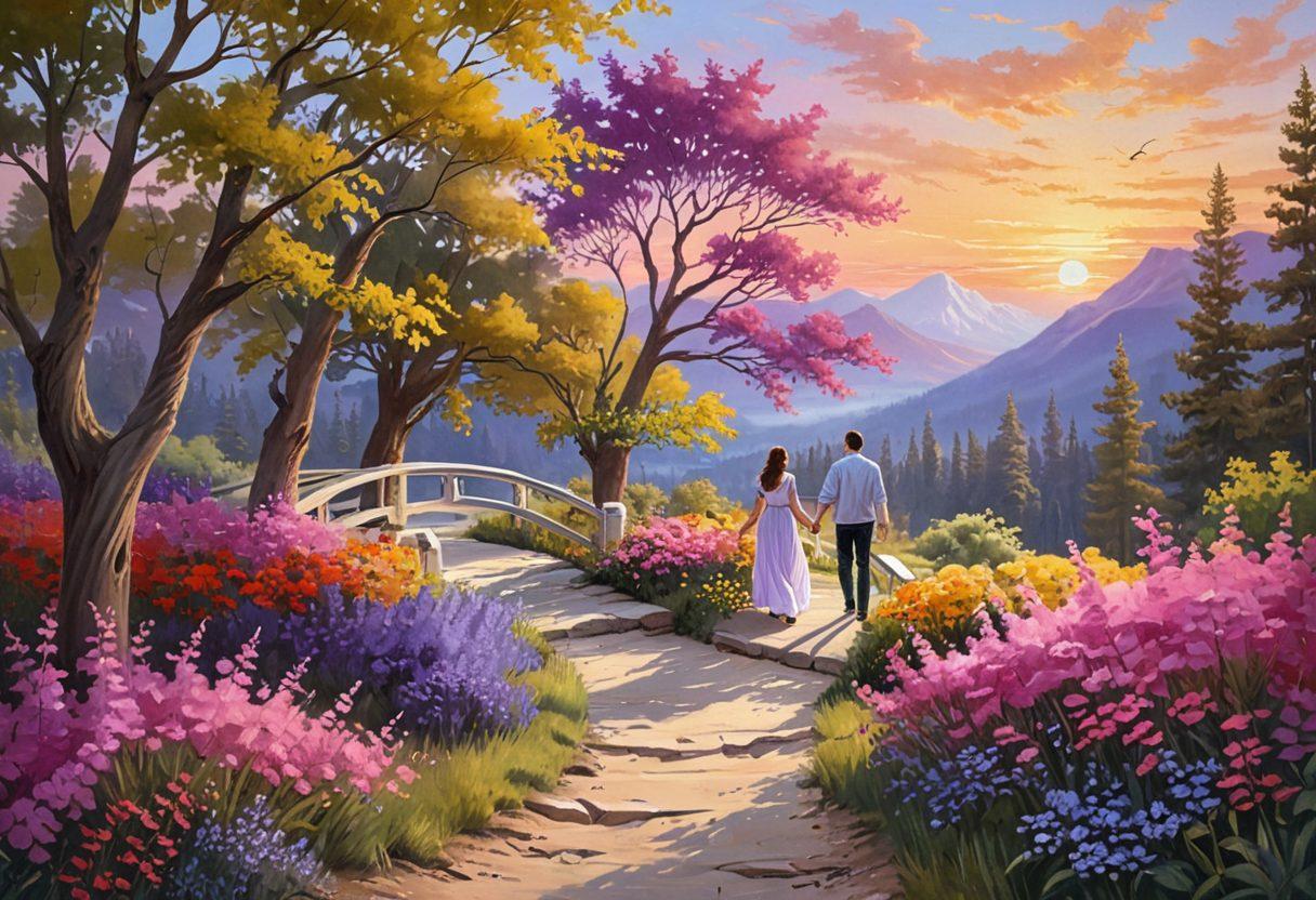 A serene scene depicting a couple walking hand-in-hand down a picturesque path, surrounded by blooming flowers and soft sunset colors, symbolizing the journey from romance to commitment. Incorporate elements like intertwined hands, heart-shaped tree leaves, and distant mountains representing stability. Add subtle symbols of partnership, such as a small bridge ahead. vibrant colors. painting.